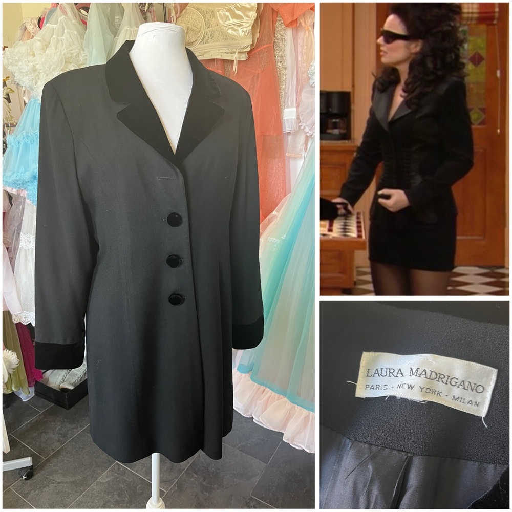 Laura Madrigano 💗vintage 90s black blazer mini dress velvet collar and cuffs